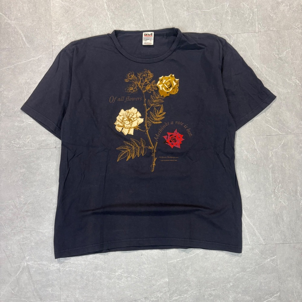 Vintage 2001 Anvil William Shakespeare Rose Graphic T-Shirt Navy Large Women